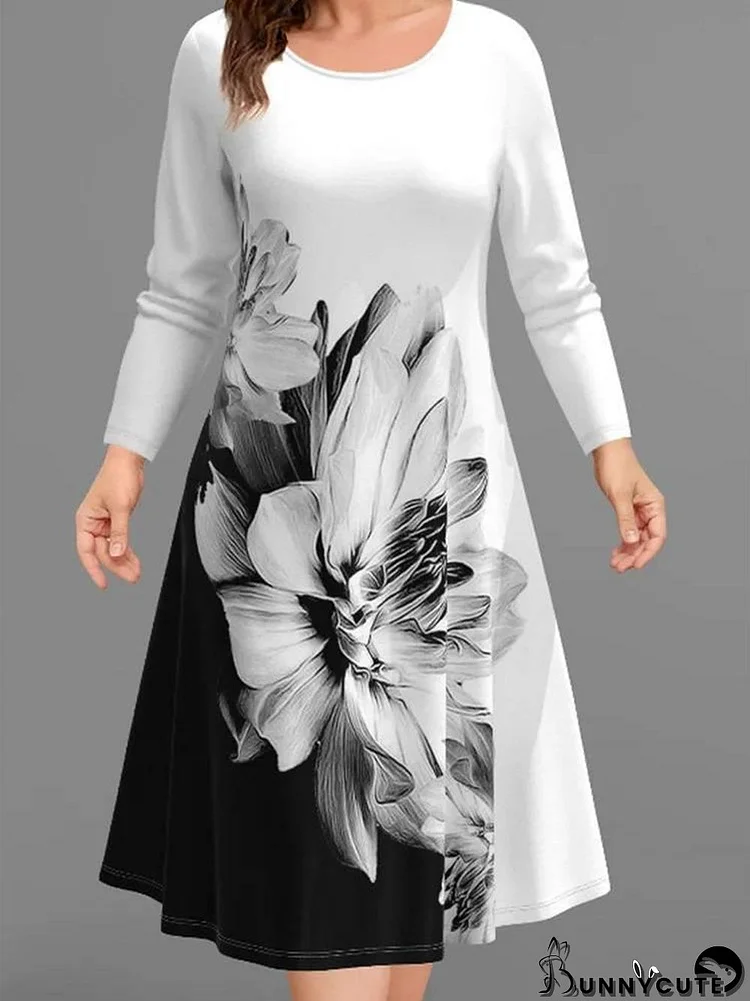 Women's Graphic Stitching Print Scoop Neck  Long Sleeve Midi Dress