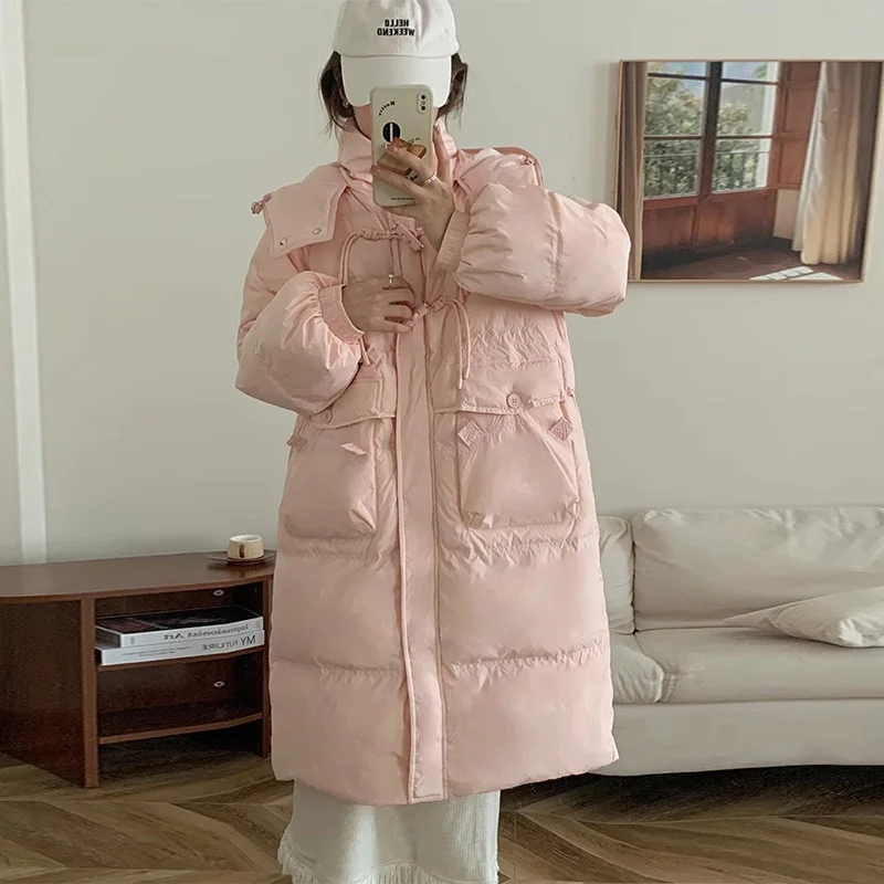 Woherb Korean Sweet Bamboo Buckle Down Jacket Female Long 2024 Winter New Hat Over The Knee Thick Warm Coat-Outfit Ideas