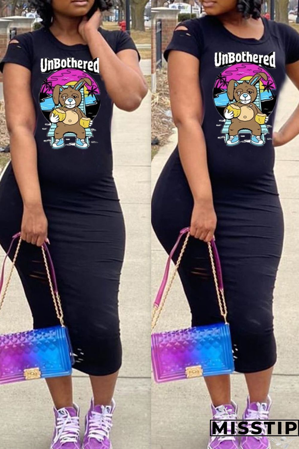Grey Fashion Casual Cartoon Print Ripped O Neck Short Sleeve Dress