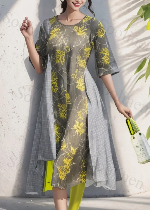 Natural Colorblock O Neck Print Loose Silk Dress Summer