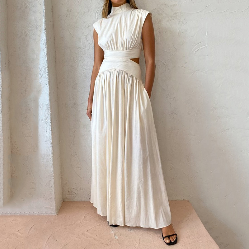 Fashion High Neck Solid Color Casual Sleeveless Hollow Out Office Elegant Pleated Party Maxi Dress