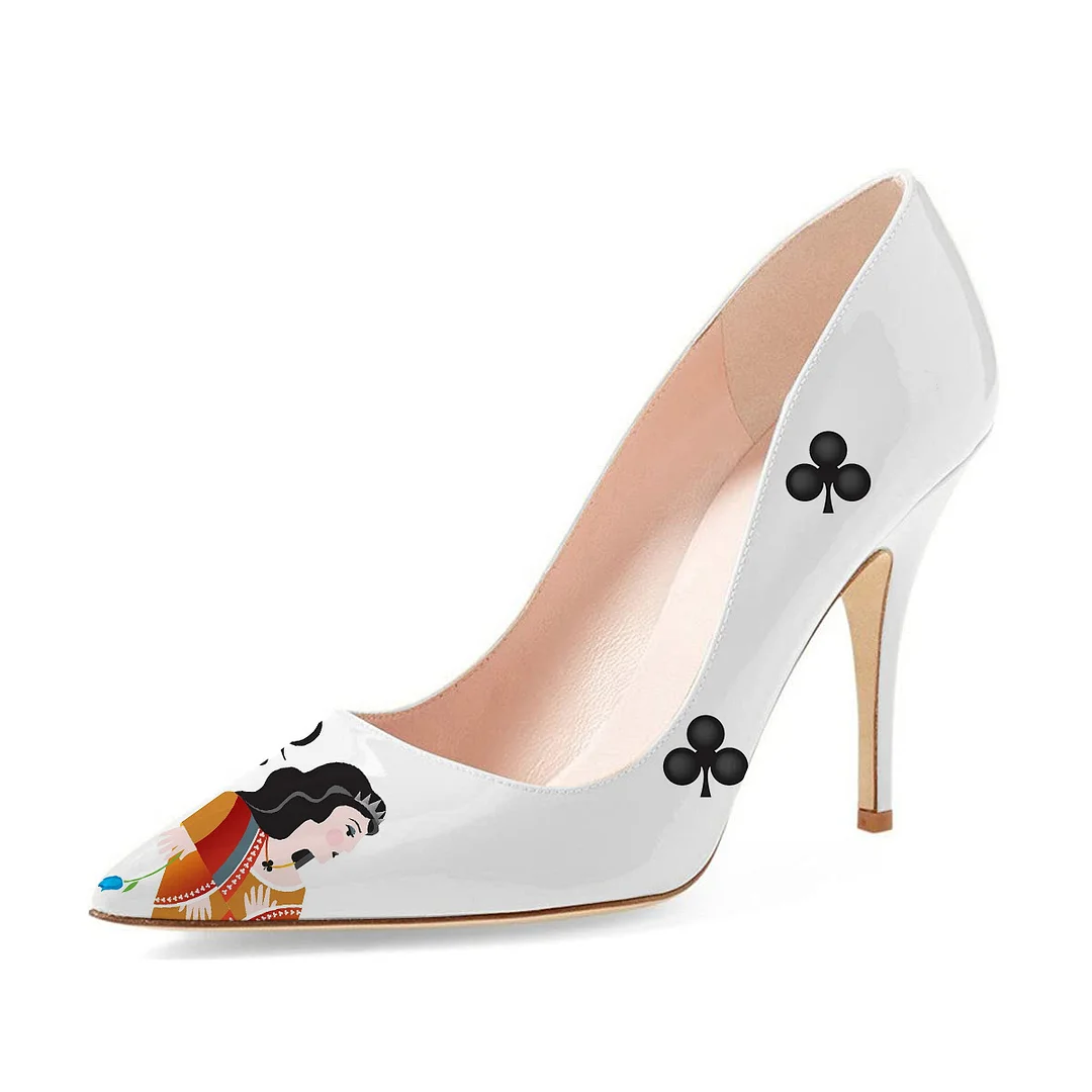 Chic White Pumps Pointed Toe Poker Print High Heels for Women
