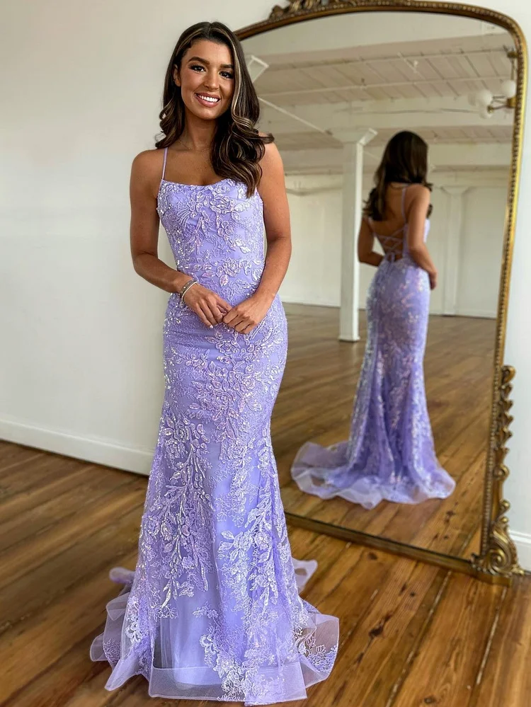 Hellodresses Spaghetti Strap Backless Sleeveless Mermaid Long Prom Dress With Appliques