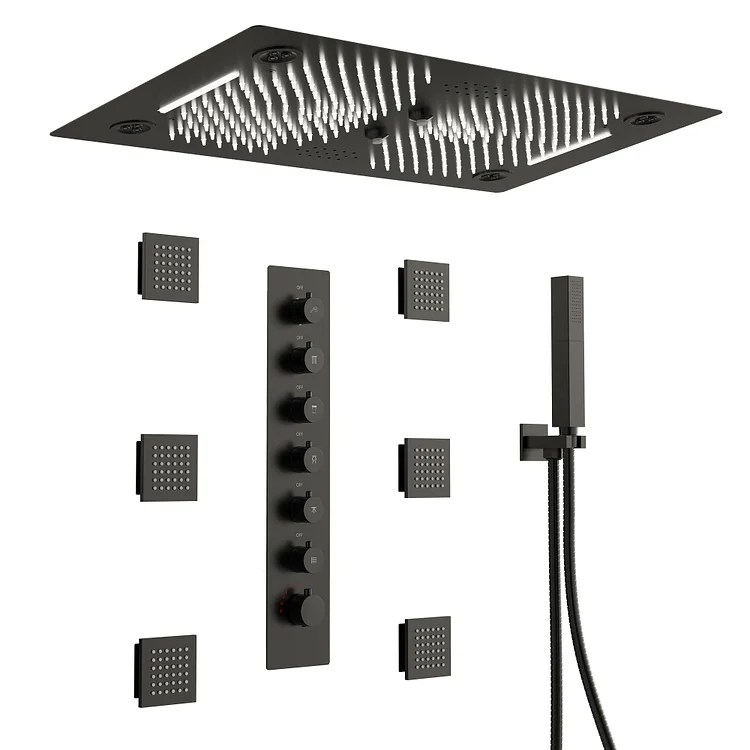EVERSTEIN Thermostatic LED Rainfall & Waterfall Shower System Matte Black, 27.5" x 15.75"