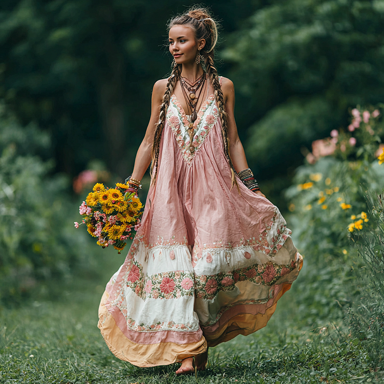 Women's Vintage Floral Patterned Suspender Dress