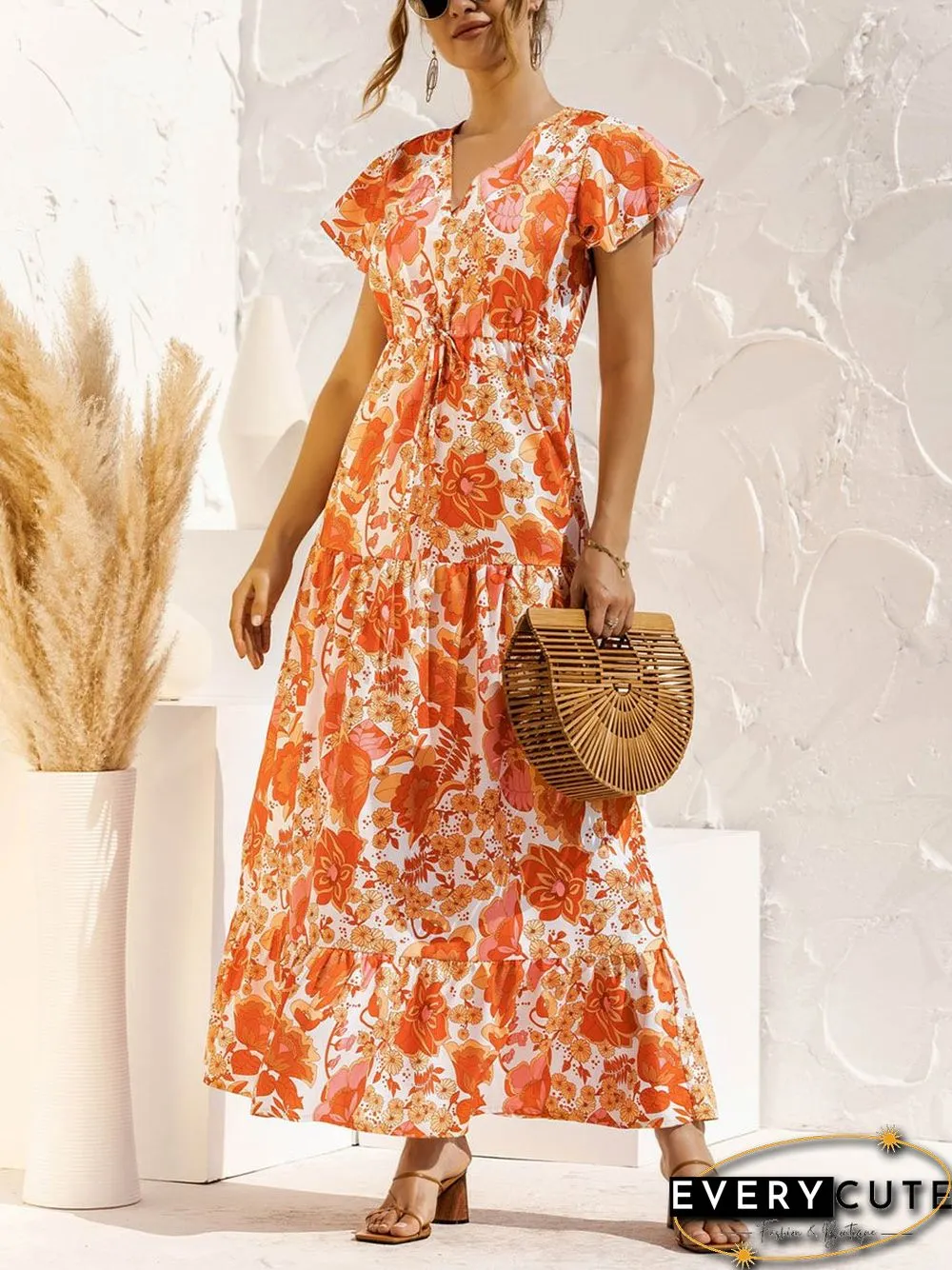 V-neck Floral Print Maxi Dress P16236