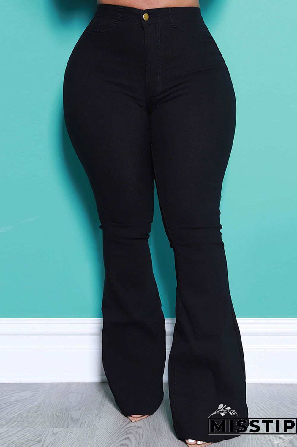 Black Street Solid Patchwork High Waist Boot Cut Denim Jeans