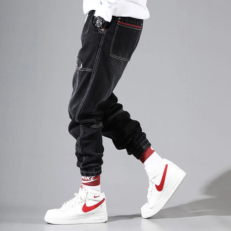Aonga Cargo Pants Jeans Men's Ankle Length Pants Loose Harlan Pants Harajuku Style Casual Pants Men Elastic Waist  Hip Hop Trousers aonga