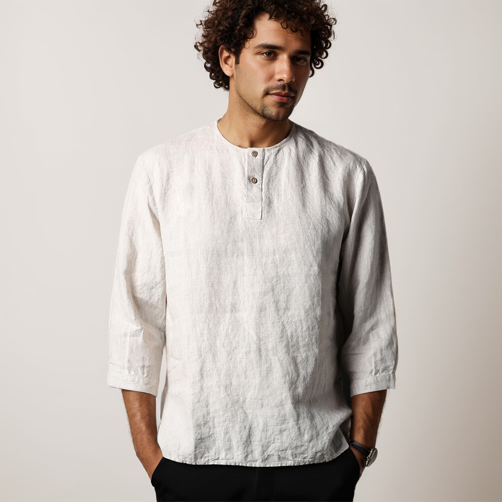 Linen Shirt Men 100% Linen 3/4 Sleeve Casual Shirt Loose Fit REAL SILK LIFE