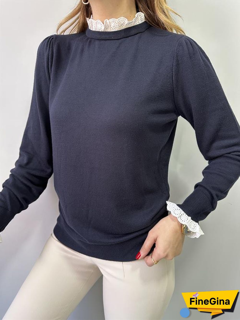 Dark Blue Plain Round Neck Sweater