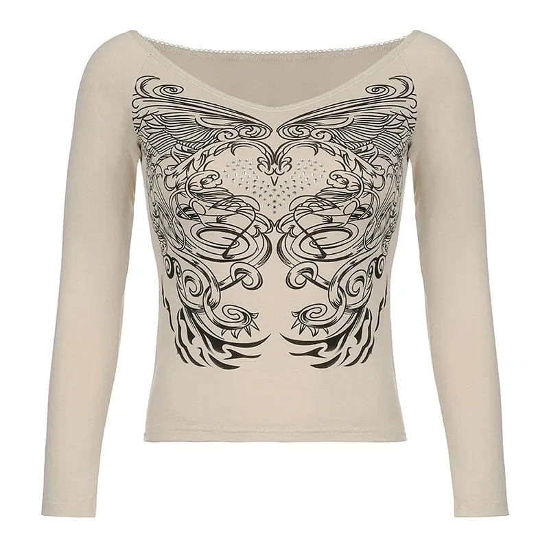 Rapcopter Floral y2k Crop Top Rhinestone Grunge Fairycore T Shirt White Frill Long Sleeve Pullover Kawaii Autumn Sweet Tee Women