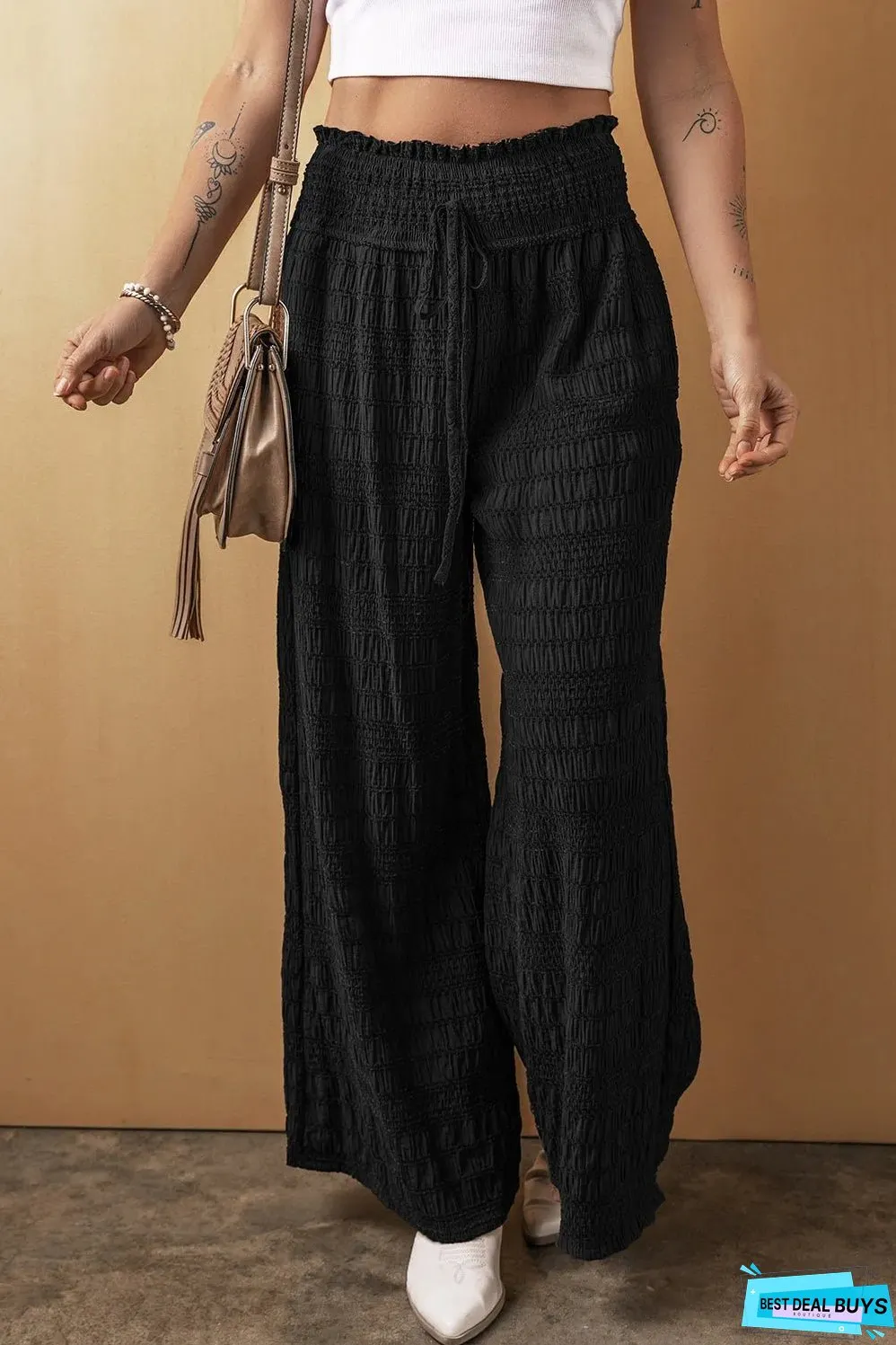 Black Textured Wide Smocked Waist Loose Pants
