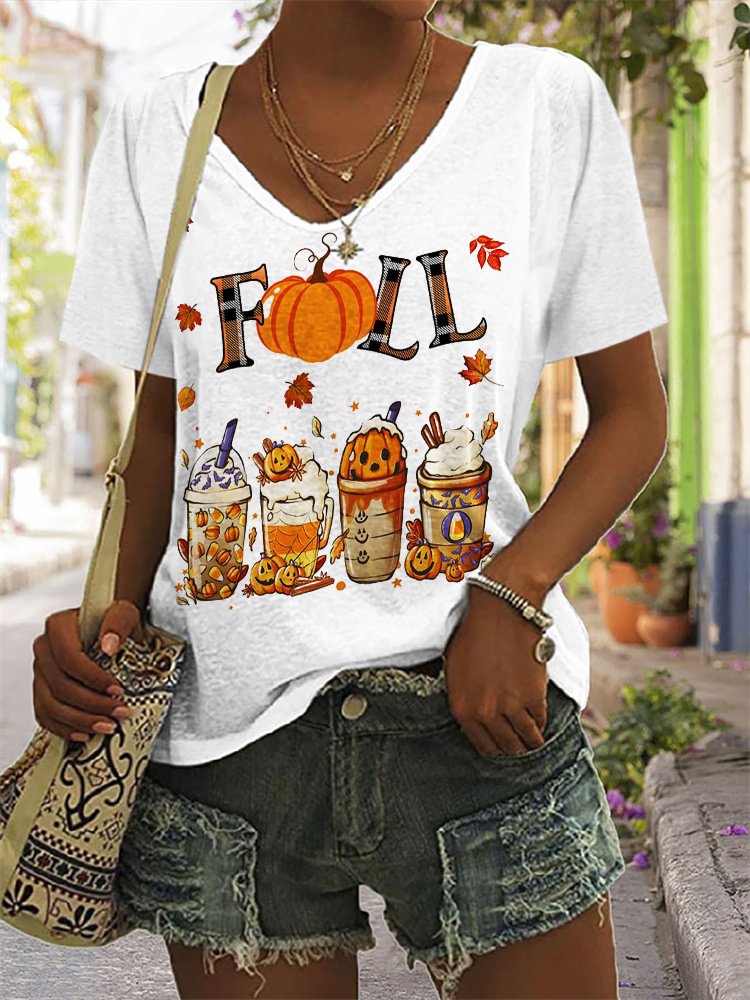 Fall Pumpkin Drinks V Neck T Shirt