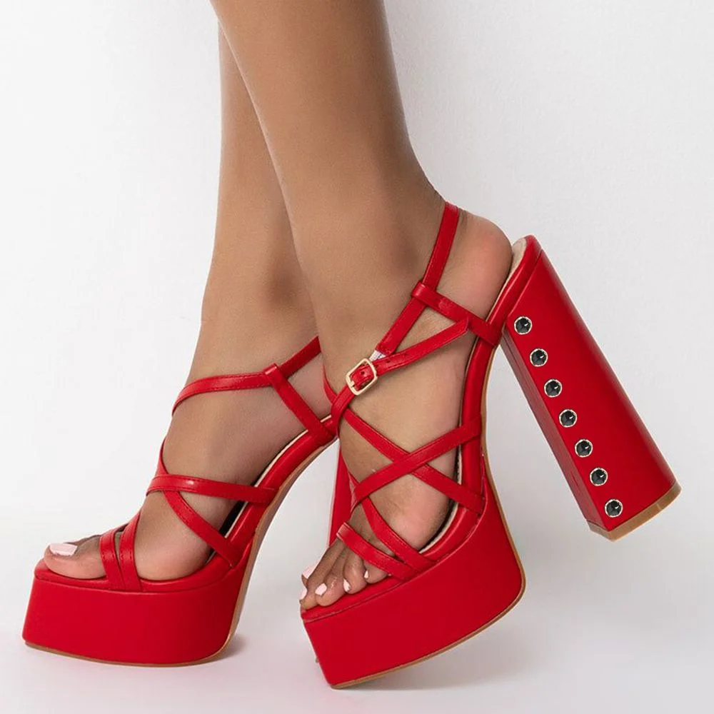 Red Leather Block Heels With Platform Ankle Strap Decorative Chunky Heels Nicepairs