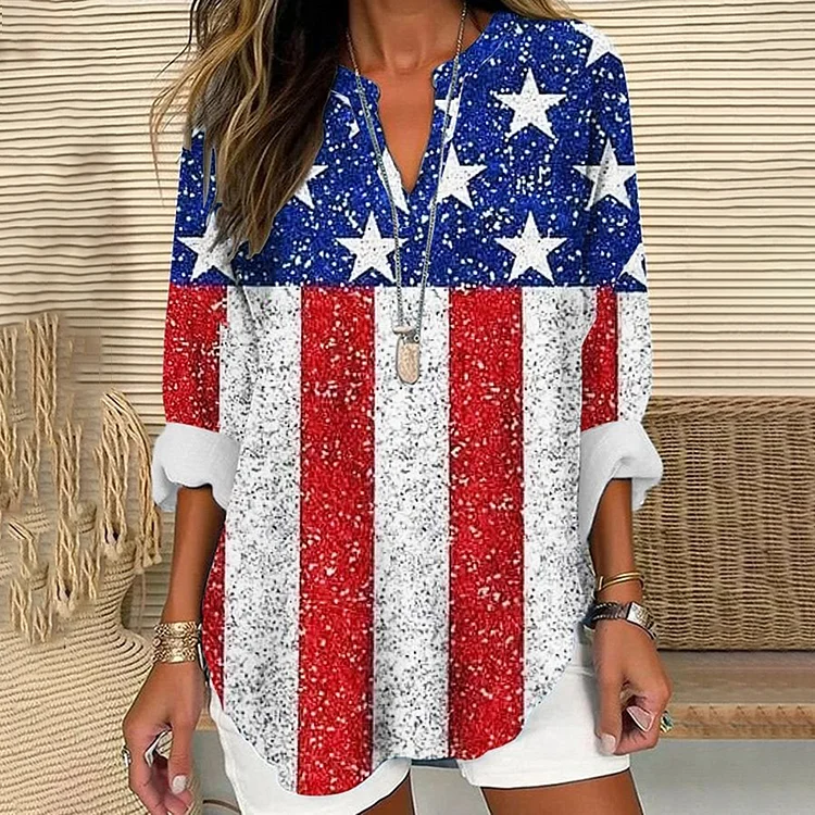 American Flag Printed V-Neck Loose Blouse socialshop