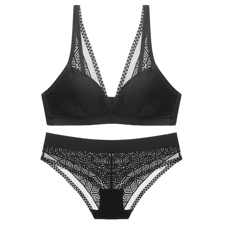 French Bra Set Sexy Lace Vintage Beauty Back Underwear Ultra-thin Comfortable Plus Size Deep V Wire Free Push Up Bra Brief Sets