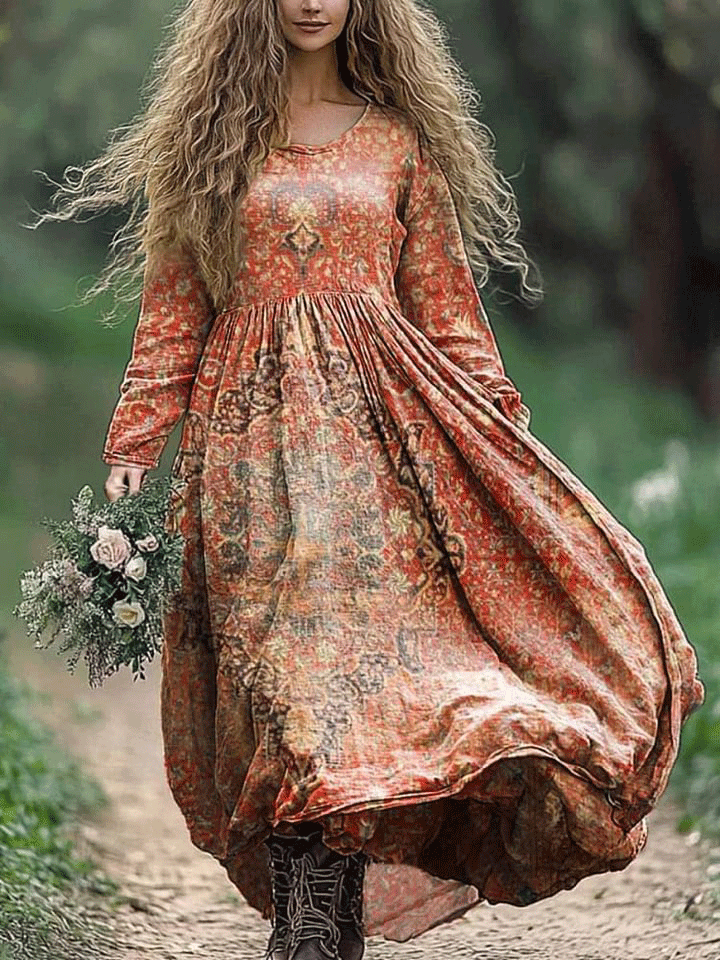 Women's Vintage Bohemian Floral Print Crew Neck Pocket Cotton Dress