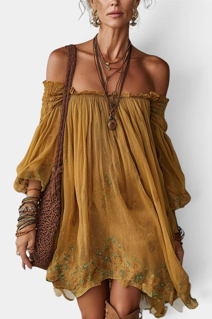 Off-Shoulder Floral Dress with Puff Sleeves