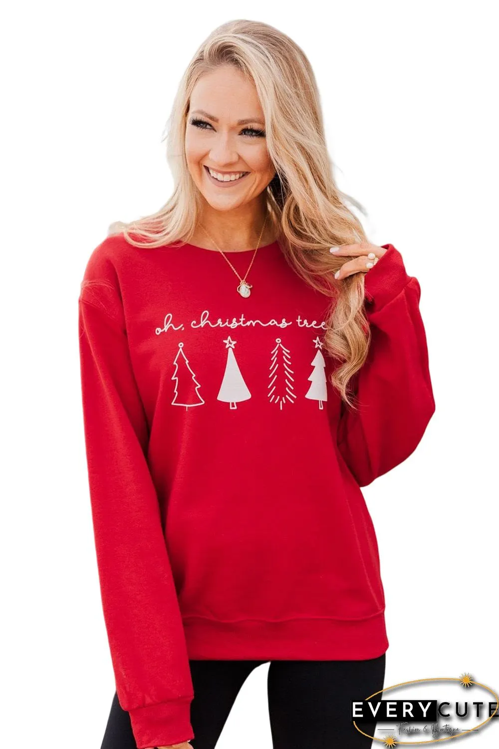 Red Christmas Tree Letter Graphic Print Long Sleeve Sweatshirt