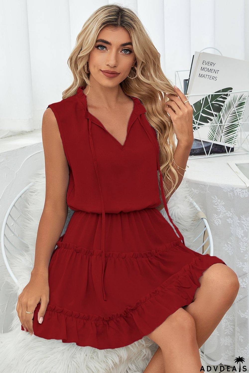 Frill Trim Tie Neck Sleeveless Mini Dress