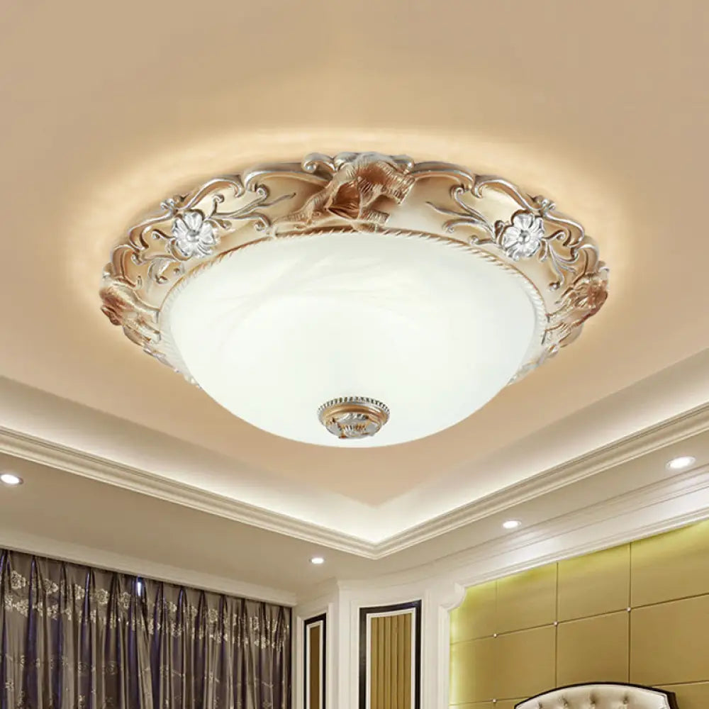 Rustic White Glass Bowl Flush Mount Light With Carved Edge - 2/3 Bulbs 13&rsquo;/17&rsquo; Wide / 13&rsquo;