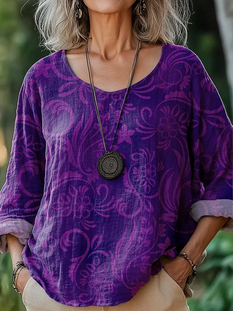 Watercolor Tie Die Floral Pattern Printed Women's Casual Cotton And Linen Shirt