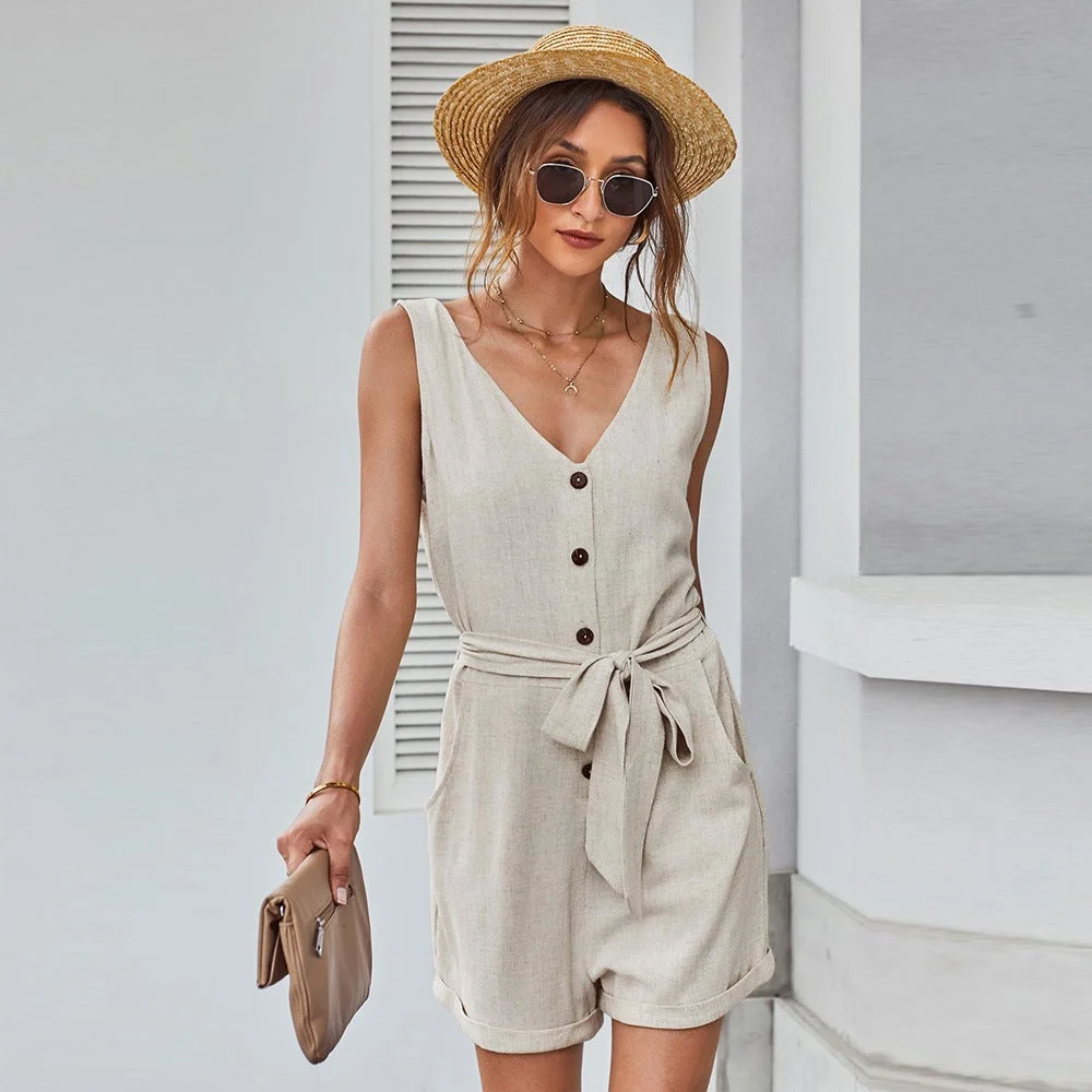 Women's V-neck High-waist Casual Jumpsuit