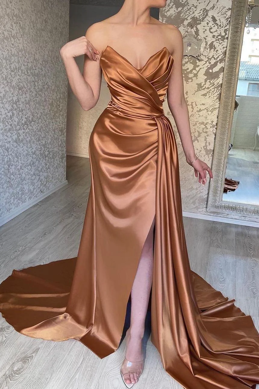 Daisda Chic Champagne Satin Strapless Sleeveless Long Pleated Prom Dress with Split