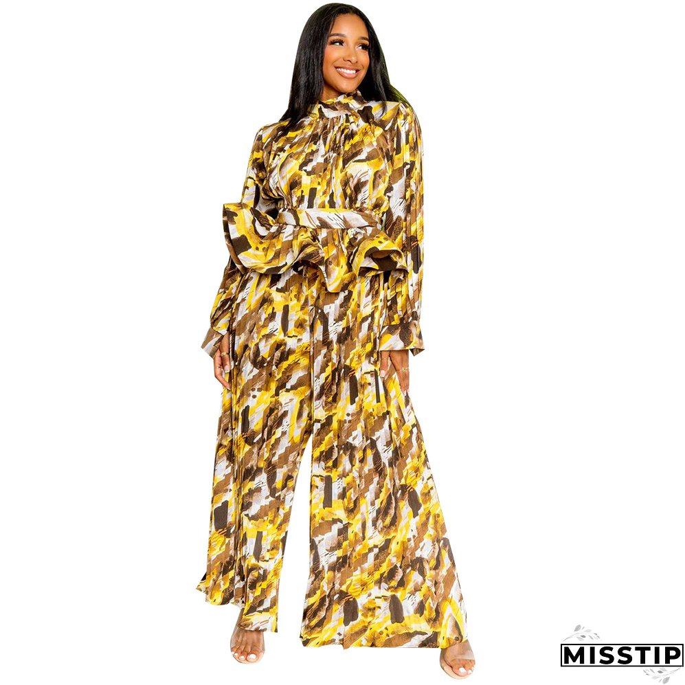 Women Lantern Long Sleeve Top and Wide Leg Pants Printed Casual Two-piece Set