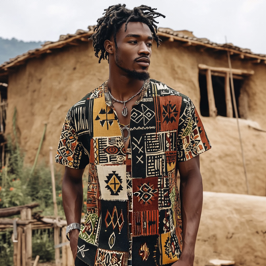Men's Tribal African Kuba Art Linen Blend Shirt