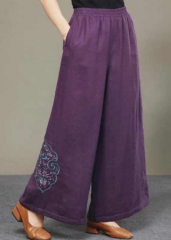 Loose Purple Pockets Embroideried Thick Wide Leg Fall Pant