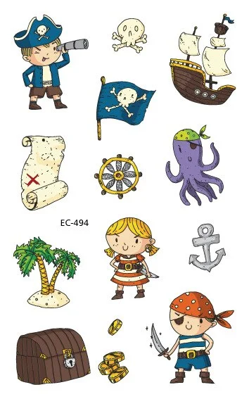 12 kinds Cartoon Pirates Temporary Tattoo Stickers for Kids faux tatouage temporaire Disposable Children Cute Boy Gift