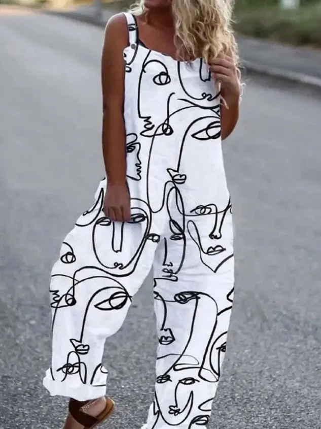 Women's Weekend Abstract Face Pattern Figure Square Neck Casual Pockets Loose Overall Jumpsuit & Romper 2023