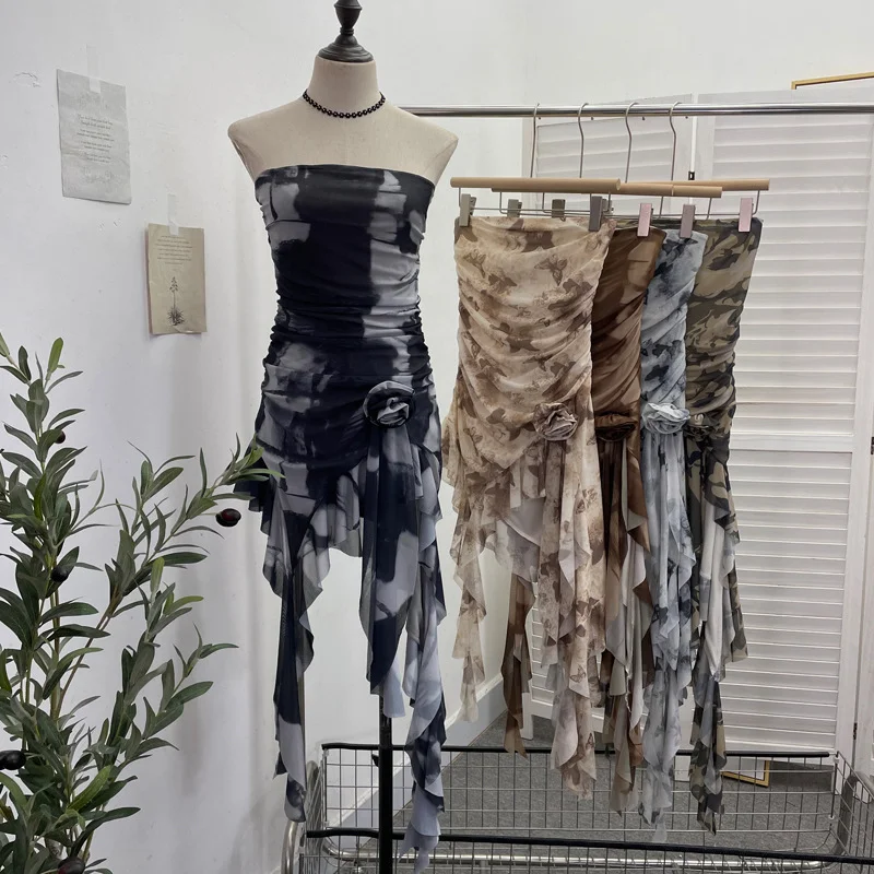 Uveng Solid Shot Tie Net Yarn Printing Irregular Ribbon Three-Dimensional Flowers Small Man With Chest Short Skirt Dress Dress 6652