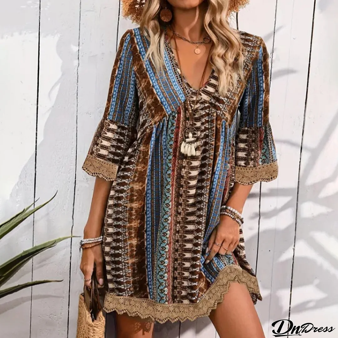 Trendy Blue 3/4 Sleeve Mini Dress