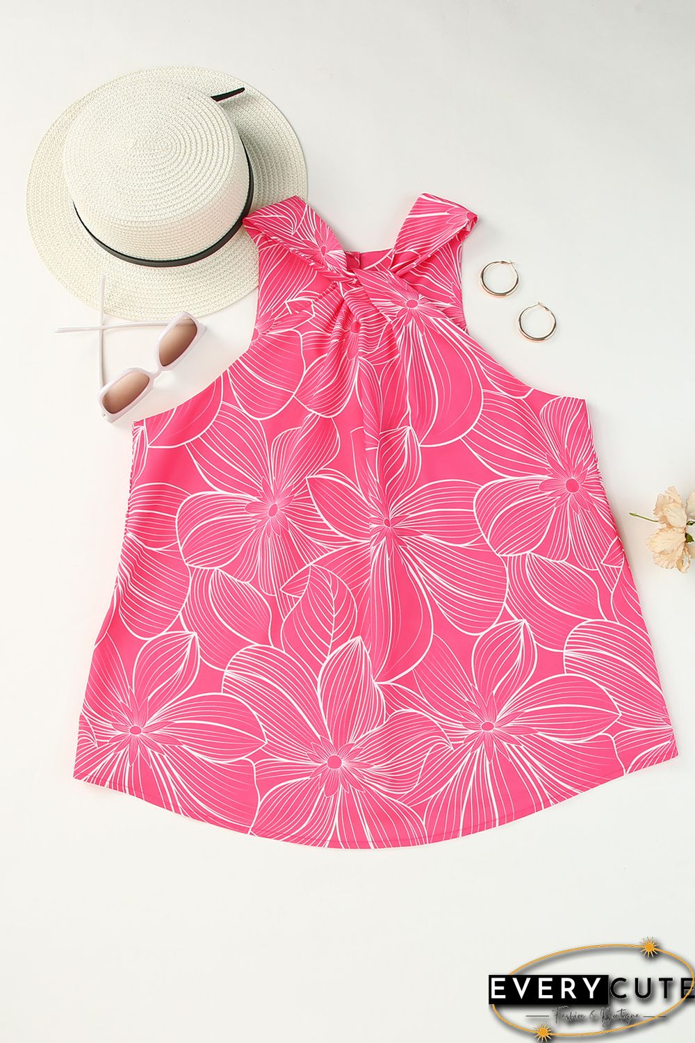 Pink Blooming Floral Printed Twisted Neck Tank Top