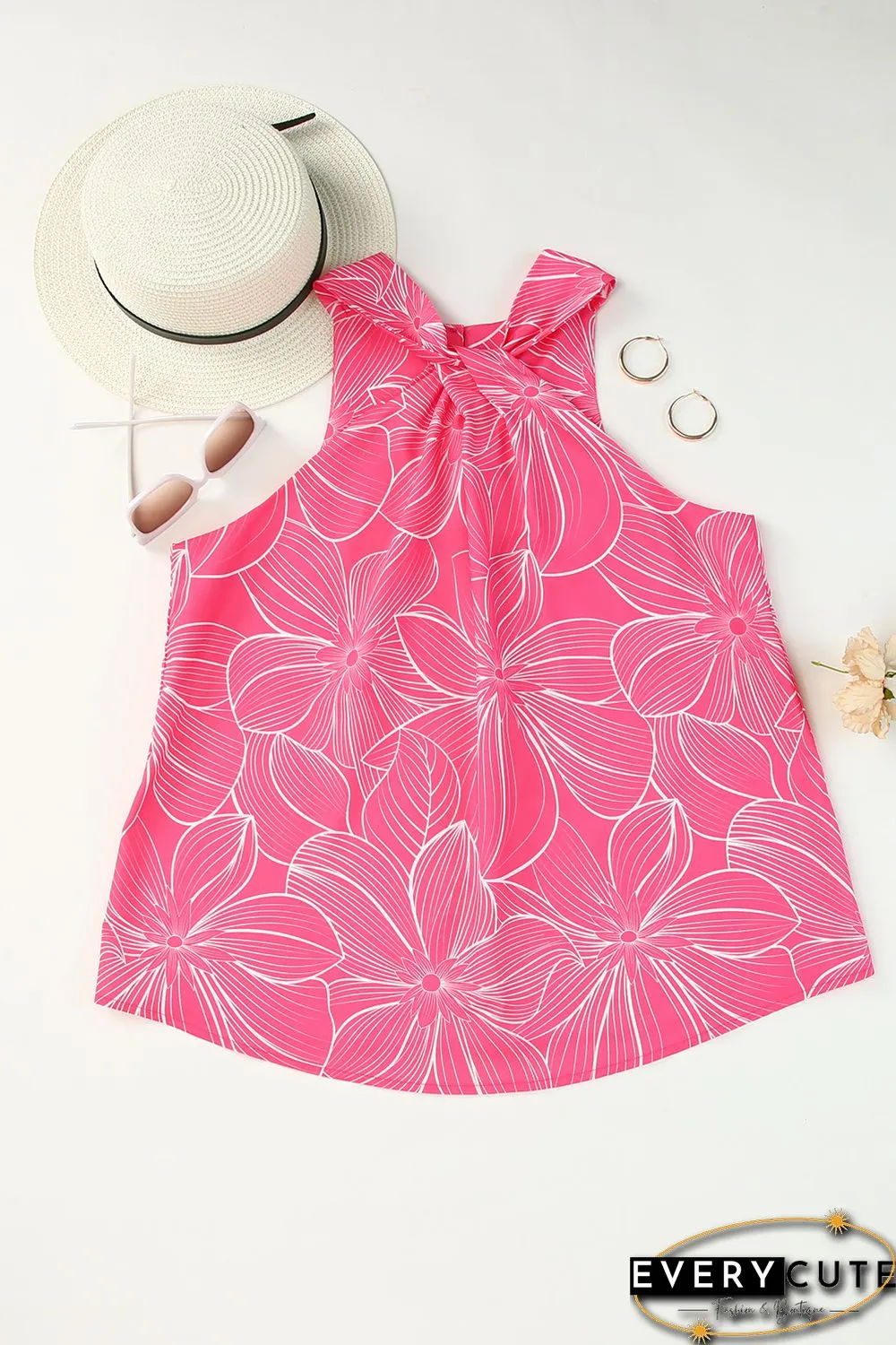 Pink Blooming Floral Printed Twisted Neck Tank Top