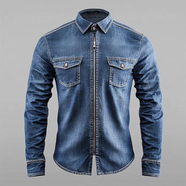 Men's Turndown Collar Long Sleeve Zip Up Denim Shirt