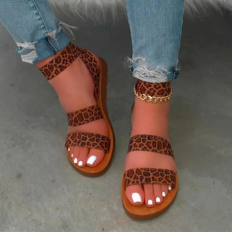 Women's Leopard Sandals 2021 Summer Print Female Flats Shoes Comfort Slip On Ankle Strap Ladies Sandalias Casual Woman Footwear
