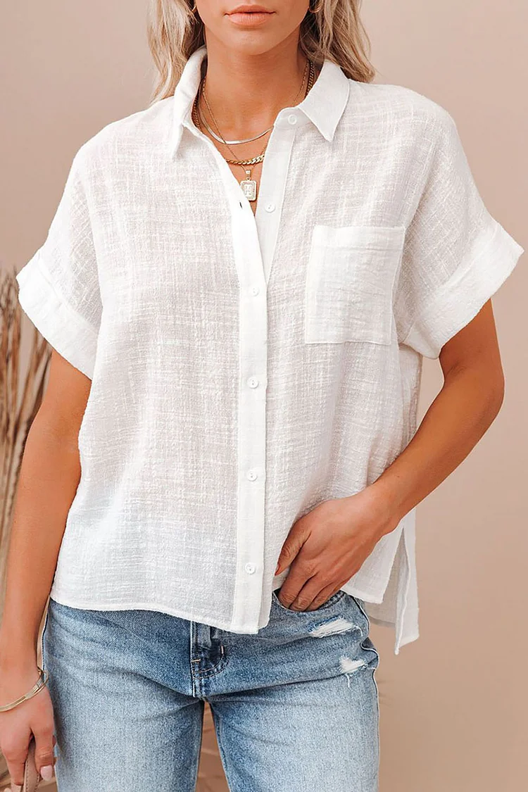 Plus Size Casual White Cotton And Linen Turndown Collar Short Sleeve Blouse  Flycurvy [product_label]