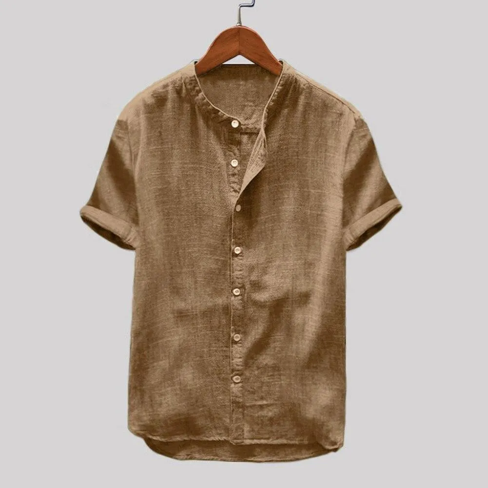 Men Casual Solid Color Short Sleeve Cotton Linen Button Down Beach Loose Shirt Suitable for work school travel daily wear