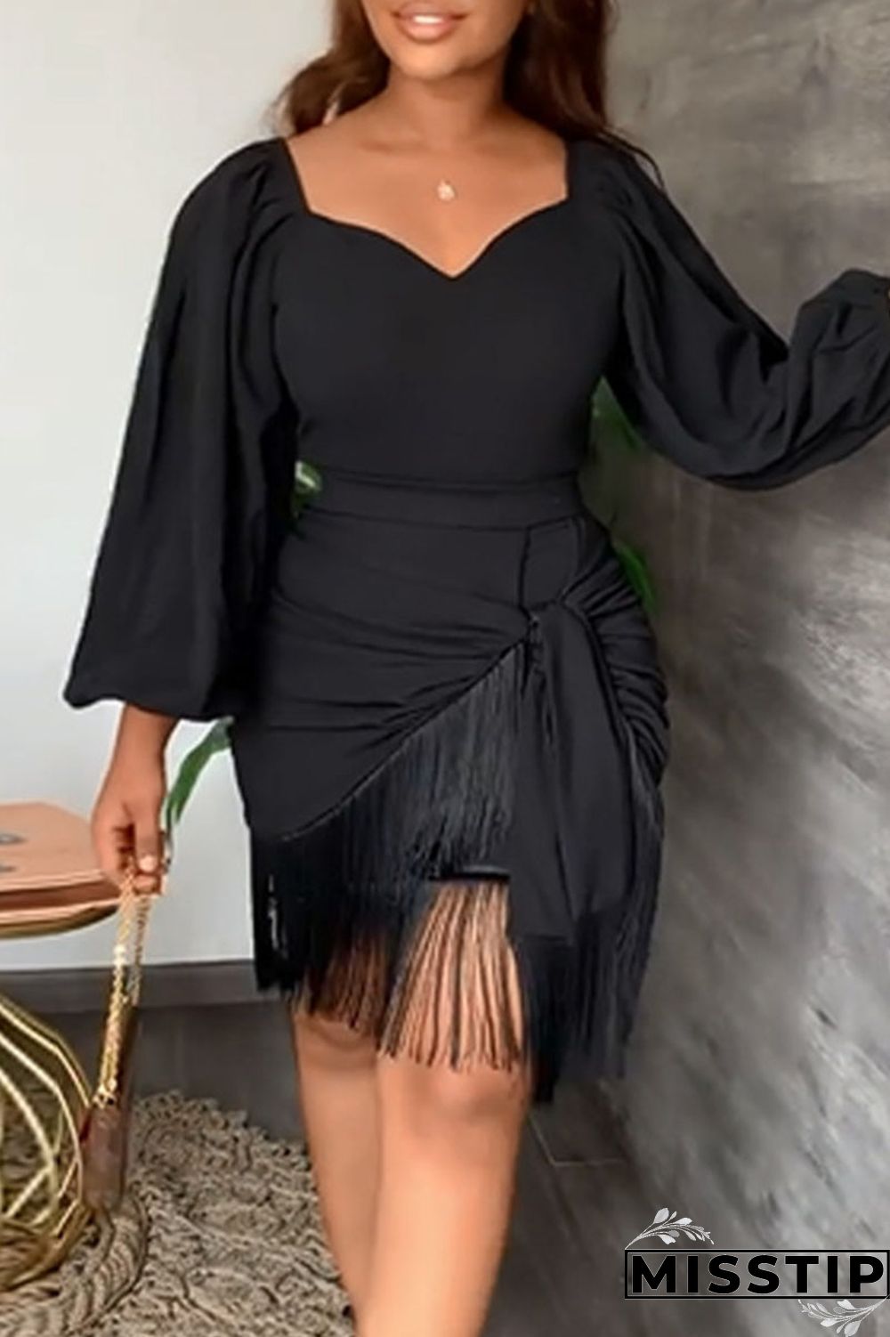 Green Casual Solid Tassel Patchwork Asymmetrical V Neck Straight Dresses