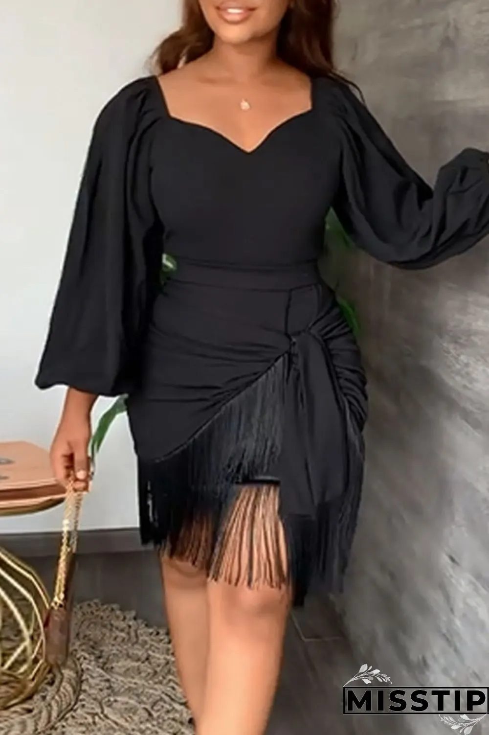 Green Casual Solid Tassel Patchwork Asymmetrical V Neck Straight Dresses