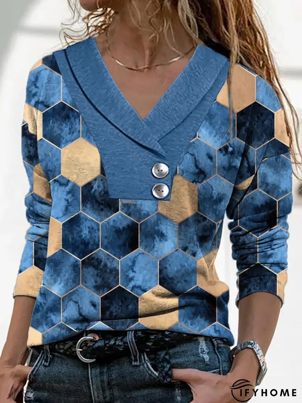 Women Geometric Casual Autumn V neck Jersey Best Sell Long sleeve Regular Regular Size Top | IFYHOME
