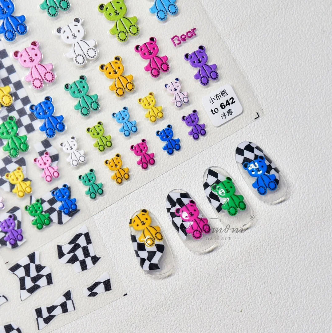 Beautizon Colorful Cartoon Teddy bear High Quality 5D Engraved Nail Stickers Nail Art Decorations Nail Decals Design