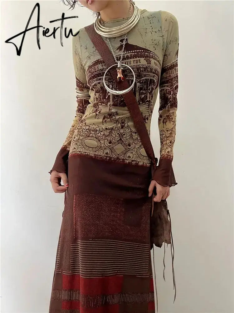 Aiertu Y2k Aesthetic Vintage Fashion Harajuku Dress Personality Chic Print O Neck Dresses Patchwork Contrast Color Grunge Vestido Women Aiertu