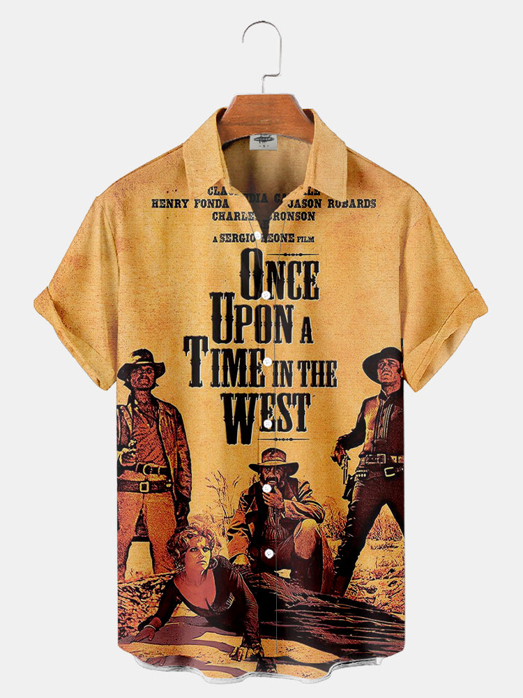 Men's Classic Nostalgic Cowboy Character Short Sleeve Printed Shirt PLUSCLOTHESMAN