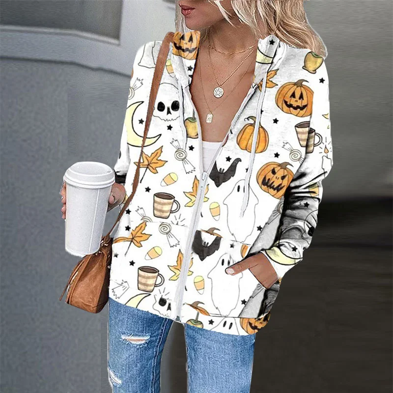 Cute Halloween Style Print Women White Zipper Up Sweatshirt