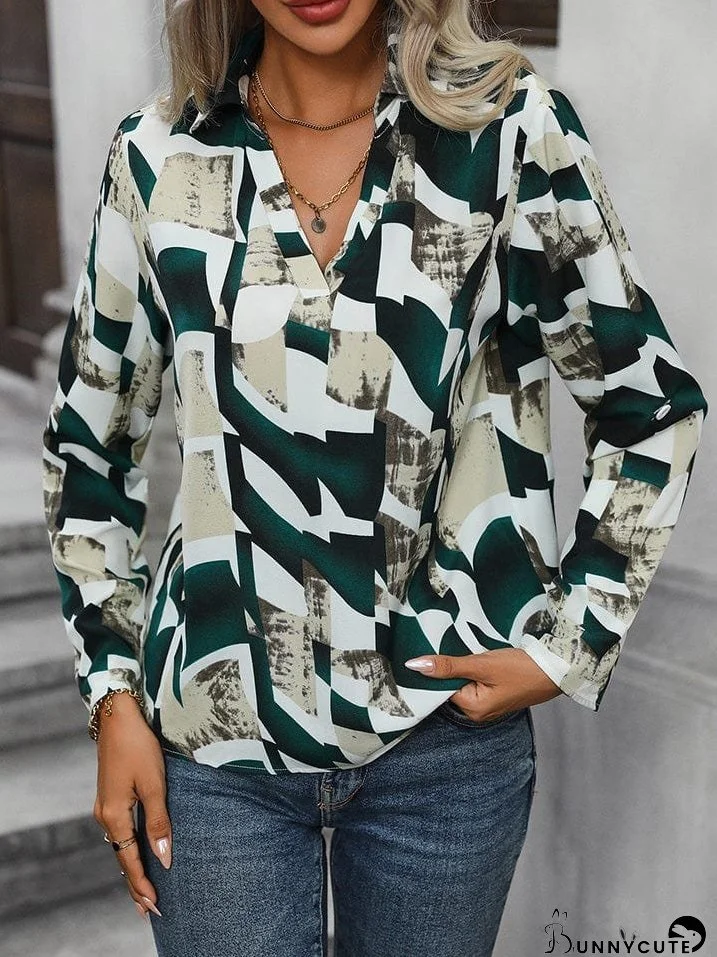 Johnny Collar Printed Long Sleeve Blouse