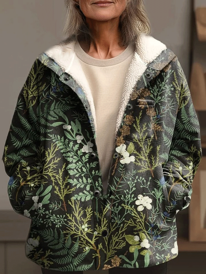 Women's Vintage Lovely Floral Art Print Waffle Plush Thick Long-Sleeved Hooded Coat
